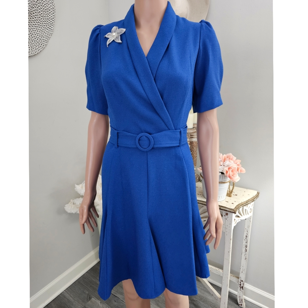 Maison Tara Cobalt Puff Sleeve Belted Waist A-Line Knee Length Dress